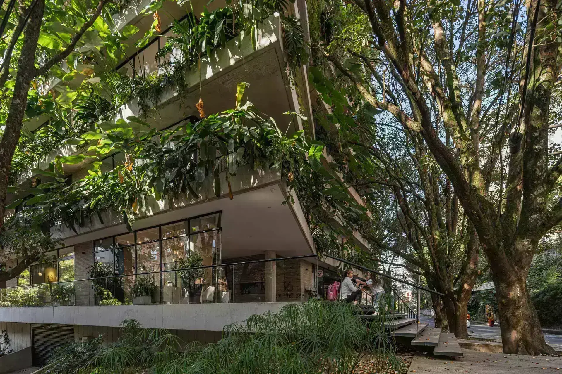 Vista exterior de Casa C36 mostrando la volumetría escalonada en el paisaje verde de Medellín.